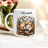 Personalized Cat & Books Mug | Cozy Snoring Cat Design