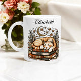 Personalized Cat & Books Mug | Cozy Snoring Cat Design