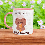 Crust Me, I'm a Baker Mug – 11oz Ceramic Mug with Pink Inside | Cute Bear Bread Design | Perfect for Baking Lovers