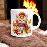 Fall Cat Mug – Cozy Autumn 11oz Ceramic Mug with Cute Cat and Fall Leaves for Coffee, Tea, Hot Chocolate – Perfect Fall Decor Gift